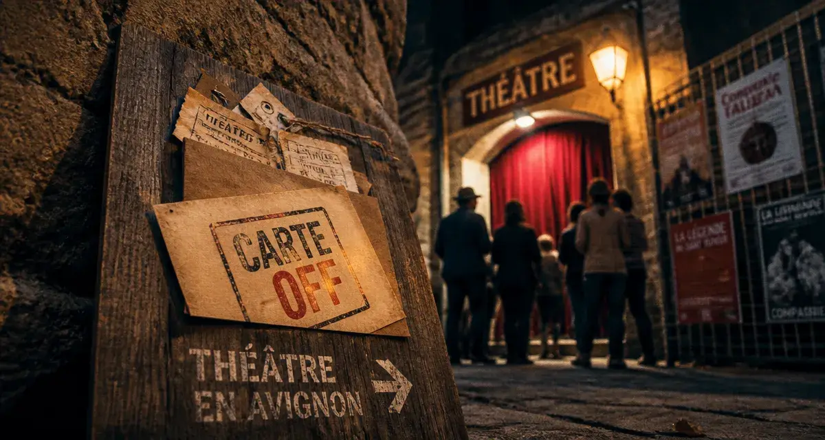 Avignon festival et compagnie : carte OFF tamponnée devant un théâtre à Avignon