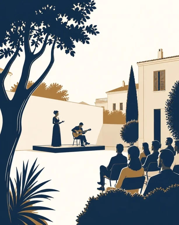 Festival IF Avignon dans un jardin privé d’Avignon, scène intimiste au crépuscule