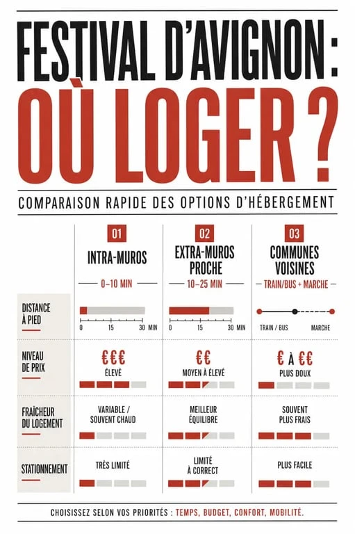Hébergement avignon festival : comparaison visuelle des zones intra-muros, extra-muros et communes voisines