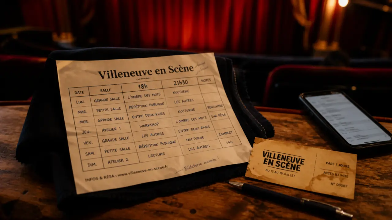 Festival villeneuve les avignon, affiche Villeneuve en Scène avec horaires 18h et 21h30
