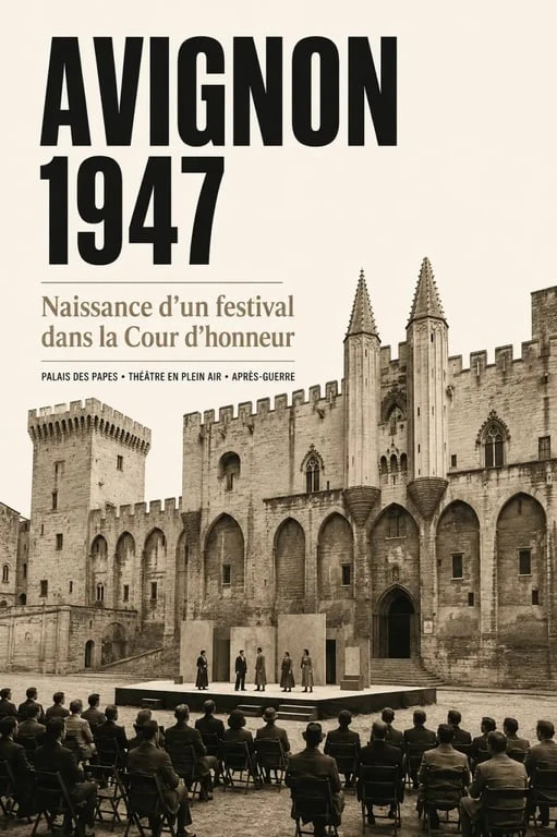 Début festival avignon en 1947 dans la Cour d’honneur du Palais des papes, illustration historique sobre