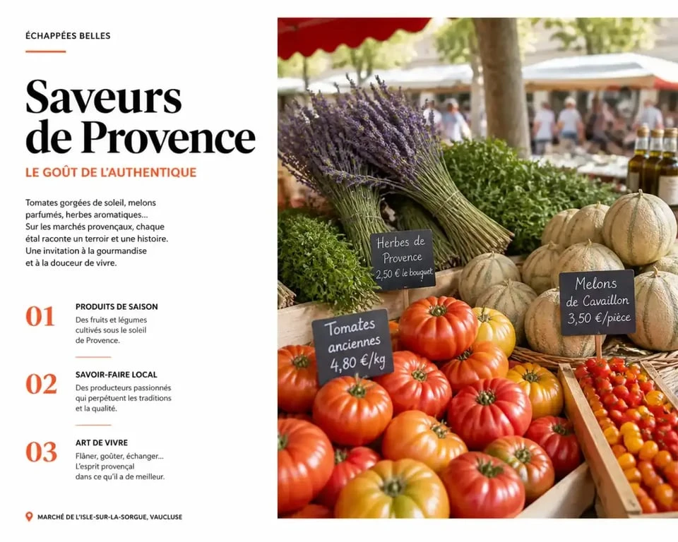 Étal de produits frais et locaux sur le marché de Lourmarin dans le Luberon