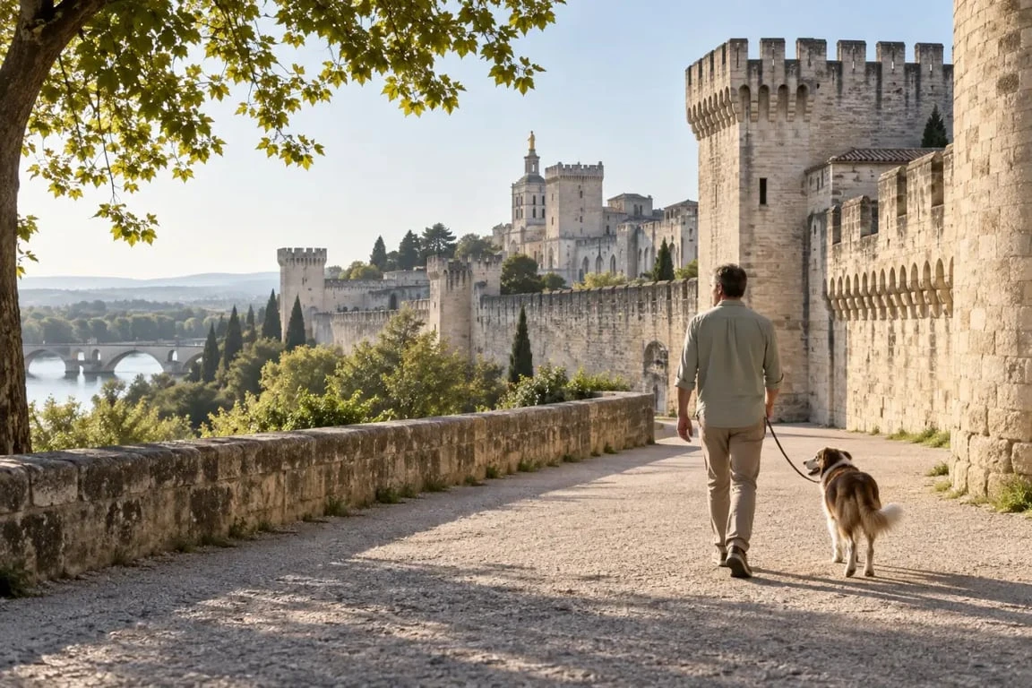 Visiter Avignon avec un chien le long des remparts de la cité des Papes