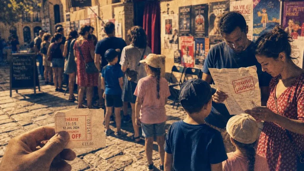 Festival avignon jeune public : familles devant un théâtre à Avignon