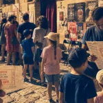 Festival avignon jeune public : familles devant un théâtre à Avignon