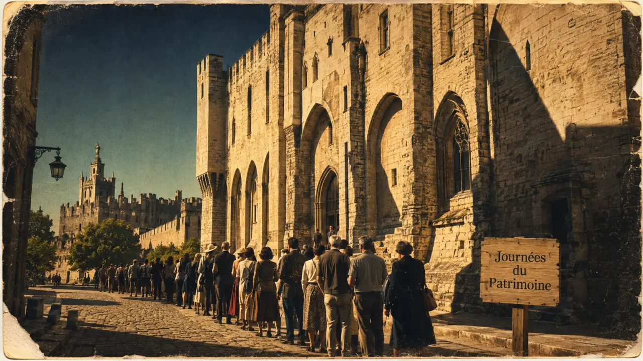 Journee du patrimoine avignon : file devant le Palais des Papes et vue du pont d’Avignon