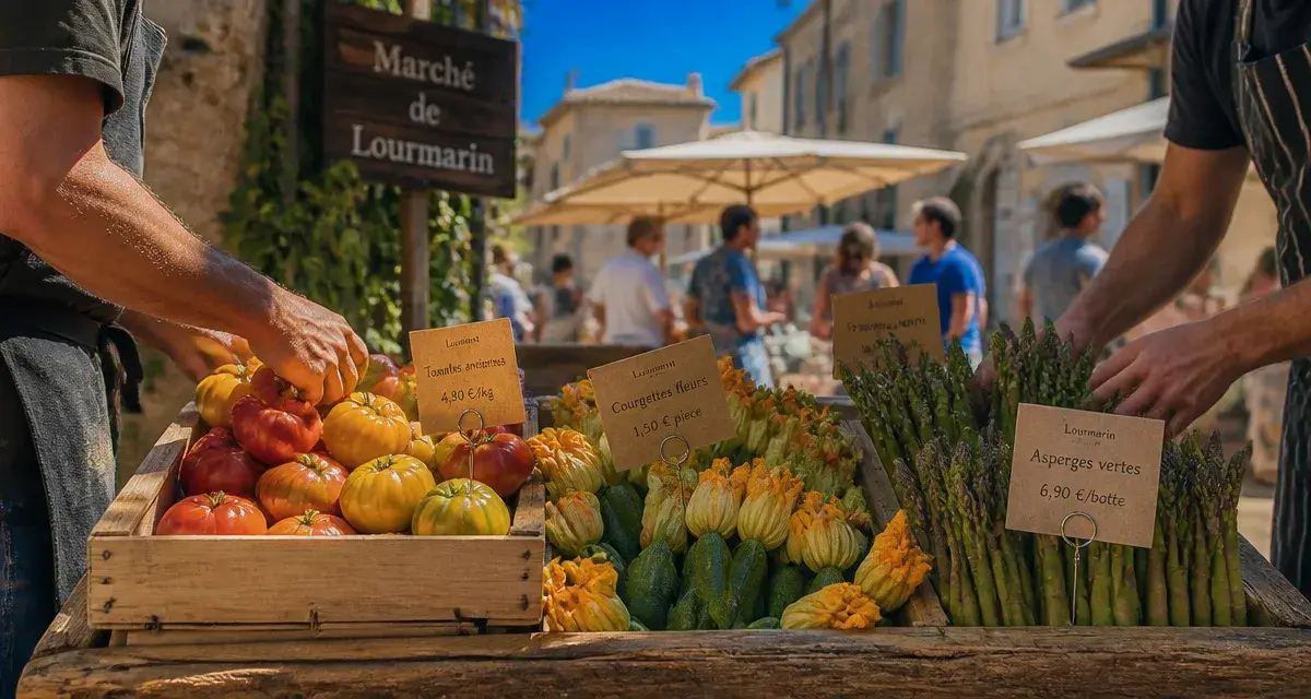 Marché lourmarin : étal provençal de tomates et asperges