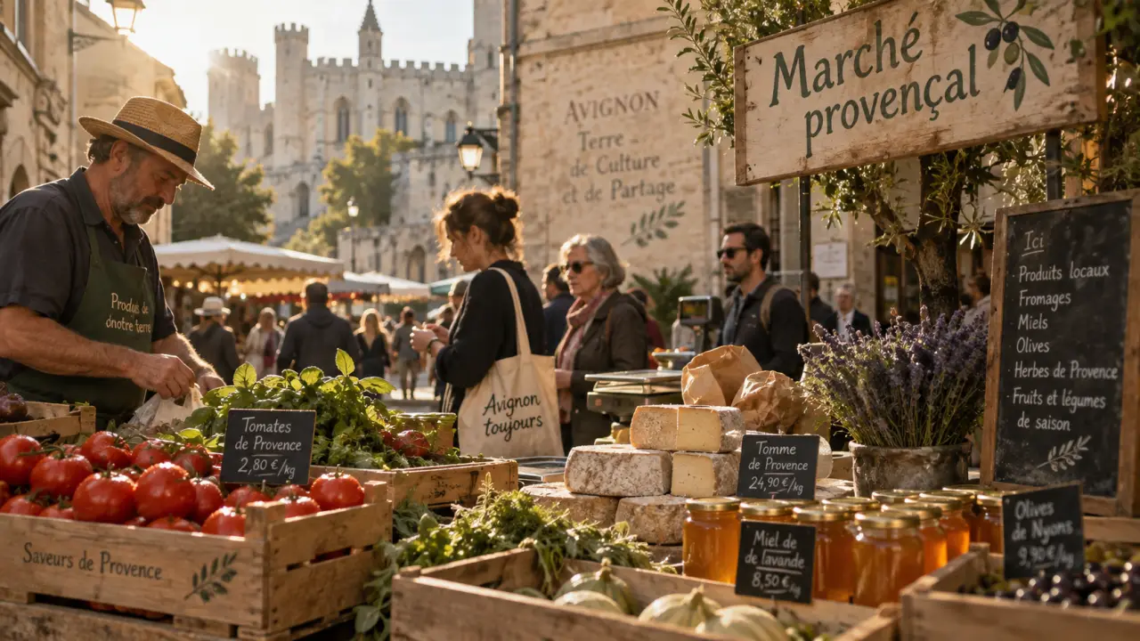 Marchés avignon alentours : étal provençal à Avignon au petit matin