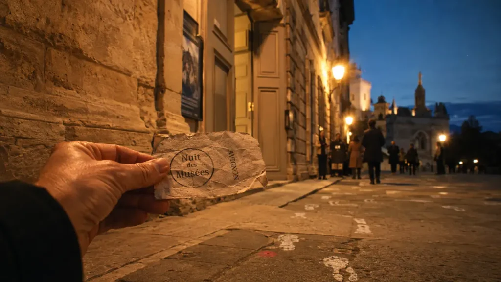 Nuit des musées avignon : billet tamponné et visiteurs le soir