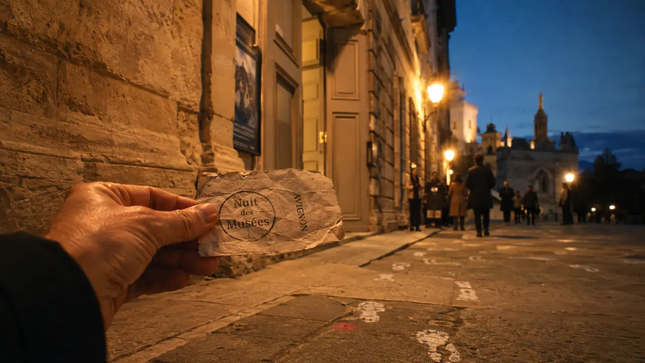 Nuit des musées avignon : billet tamponné et visiteurs le soir